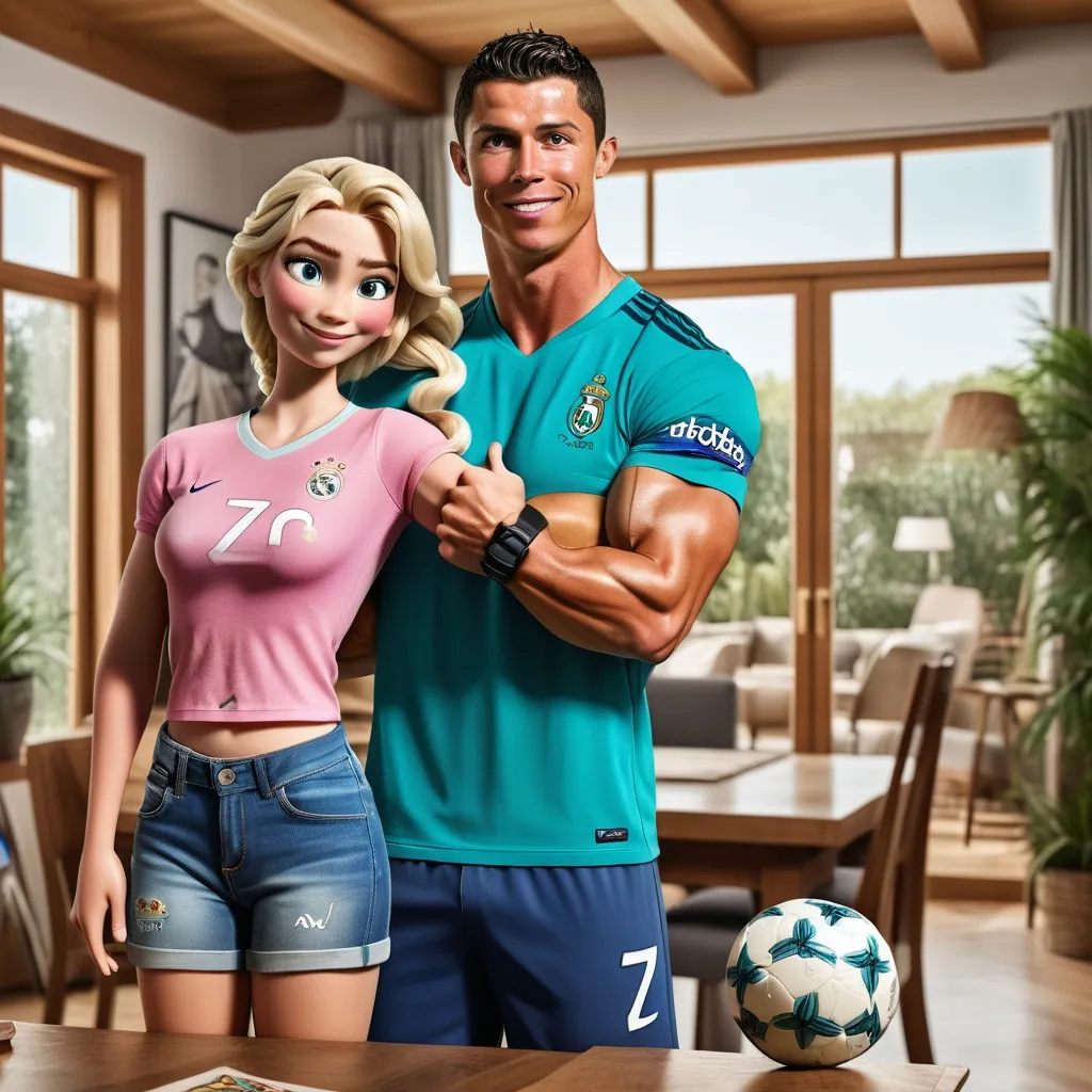 Prompt: A photo of Elsa the cartoon and footballer Cristiano Ronaldo in a house. Fiona is looking at Ronaldo while he is showing his arm strength. Ronaldo is wearing casual clothes. The background contains wood furniture and decorations.