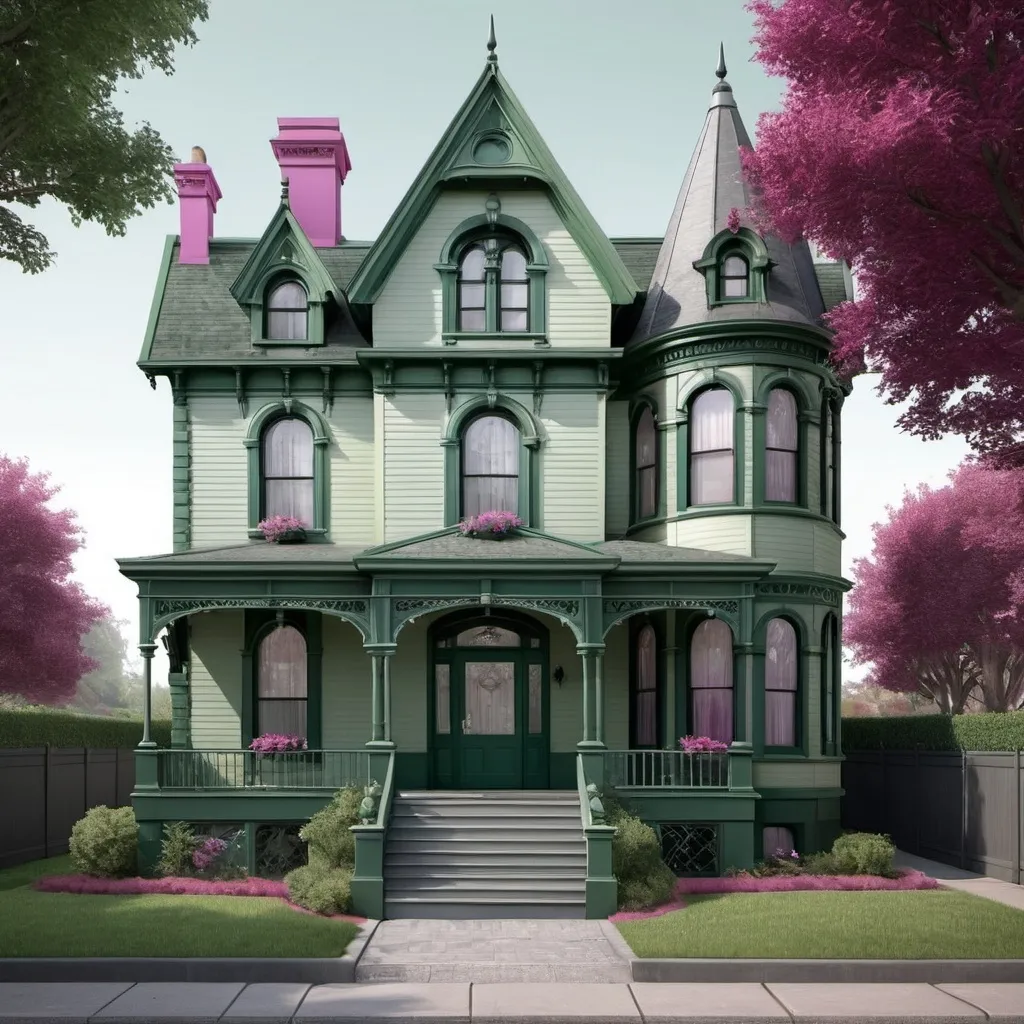 Prompt: generate a photorealistic image of a victorian house that is light sage green with dark green trim and very few magenta trim colors and a magenta front door. make all of the roof dark grey, even above the spire. make the steps and sidewalk both gray.
