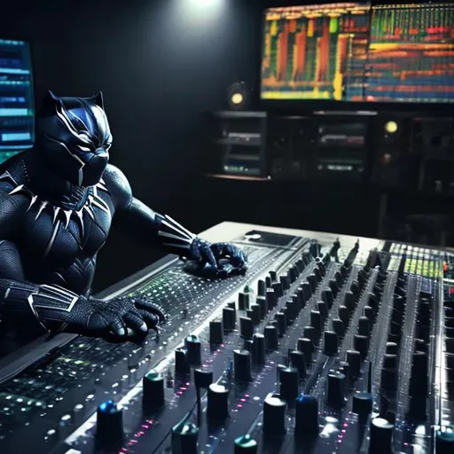 Prompt: black panther mixing in the studio

