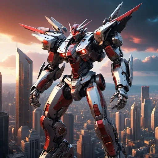 Prompt: Mecha with one red eye, flying over a city, full-body, cinematic render