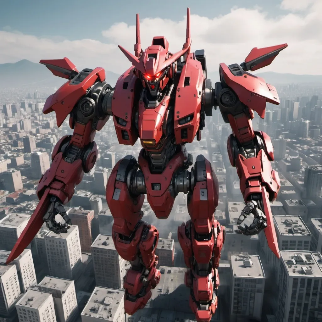 Prompt: Mecha with one red eye, flying over a city, full-body, cinematic render