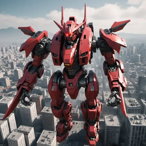 Prompt: Mecha with one red eye, flying over a city, full-body, cinematic render