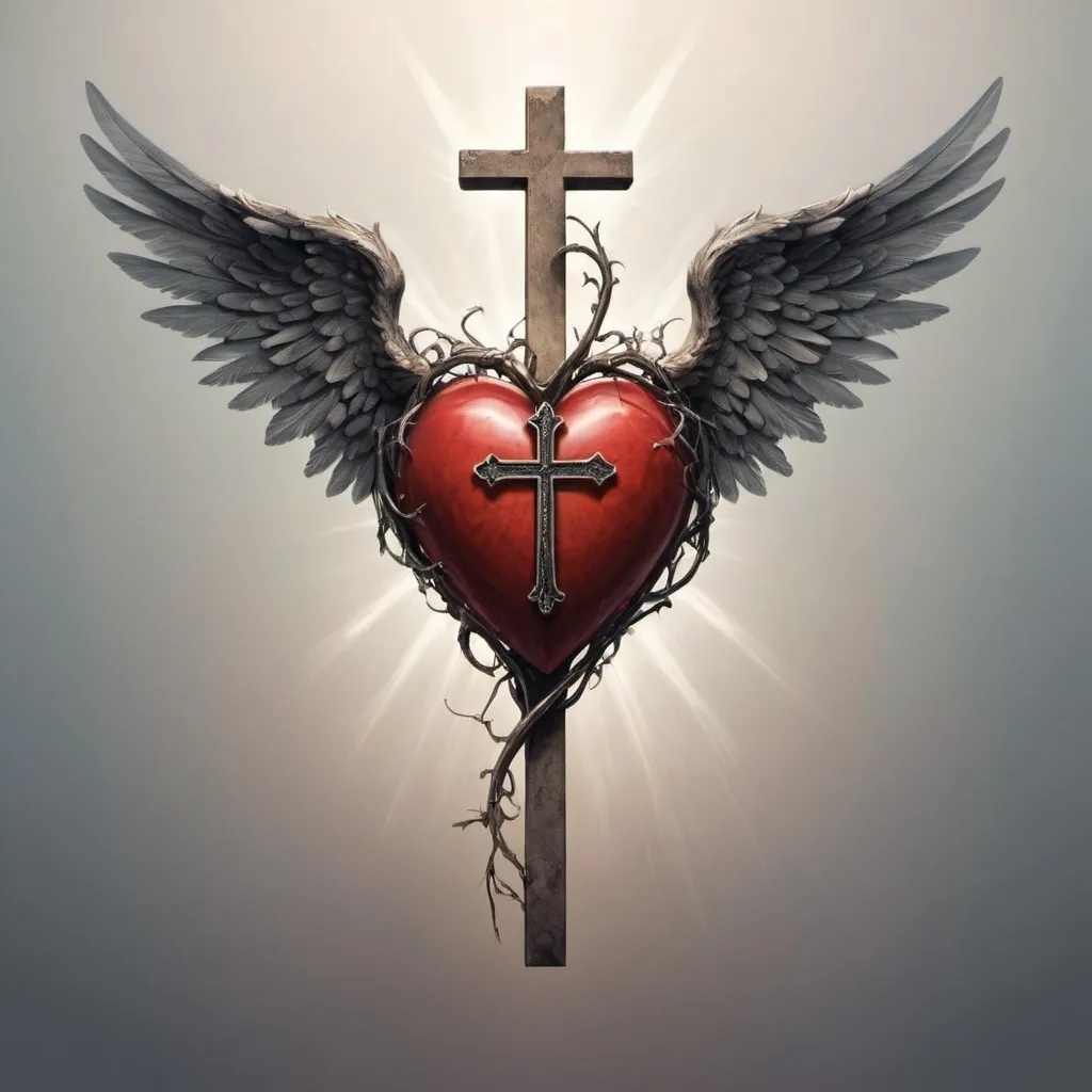 Prompt: Heart with a cross on its left side, and a pair of wings encloed upon it
