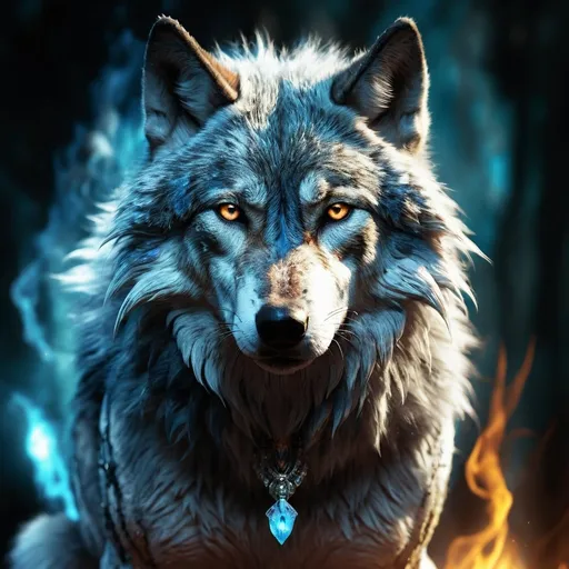 Prompt: Tiger wolf with elemental, mystical fantasy portrayal, detailed fur and elemental effects, highres, fantasy, mystical, elemental, detailed fur, intense gaze, atmospheric lighting