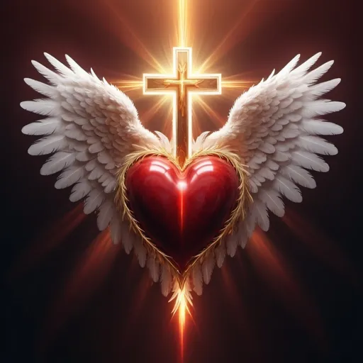 Prompt: Heart with a cross on its left side, and a pair of wings encloed upon it
