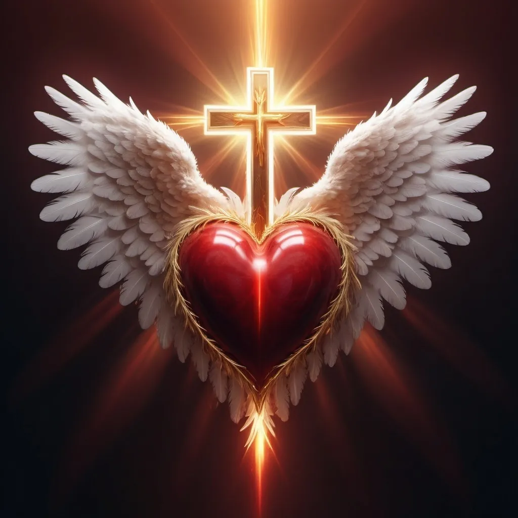 Prompt: Heart with a cross on its left side, and a pair of wings encloed upon it
