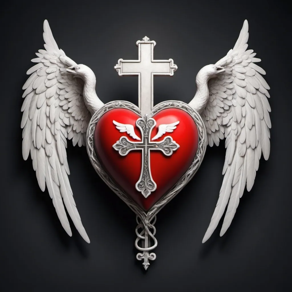 Prompt: Heart with a cross on its left side, and a pair of wings encloed upon it
