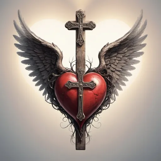 Prompt: Heart with a cross on its left side, and a pair of wings encloed upon it
