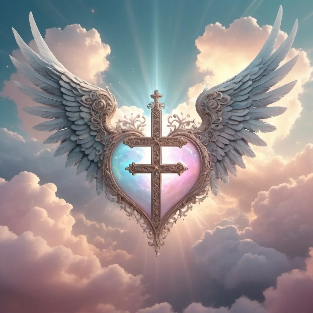 Prompt: Heart with a cross on its left side, and a pair of wings encloed upon it
