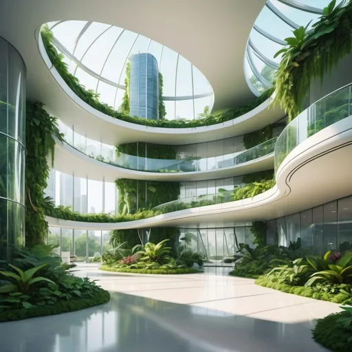 Prompt: futuristic headquarter, for Climax, which is eco friendly, pretty and several doors.