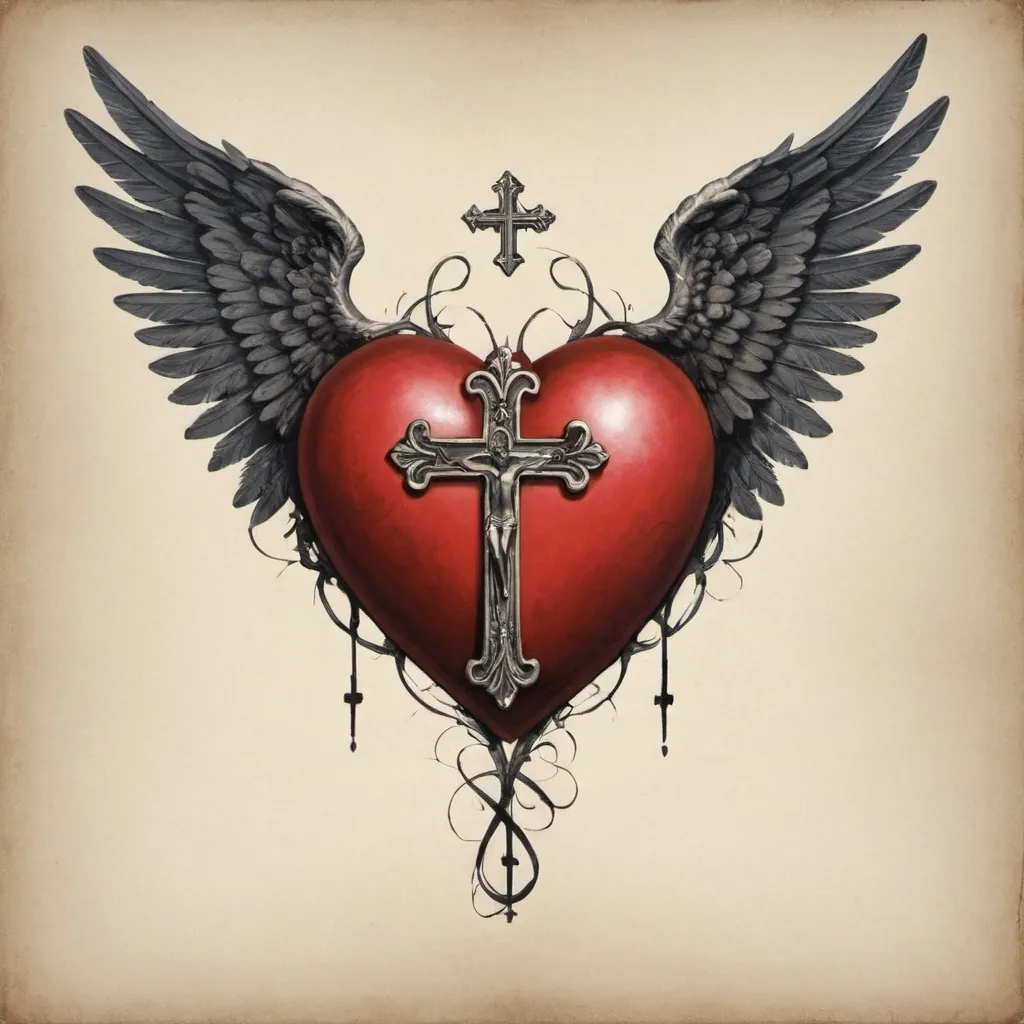 Prompt: Heart with a cross on its left side, and a pair of wings