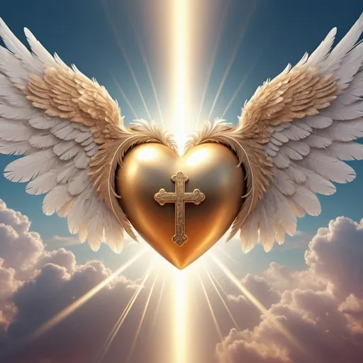 Prompt: Heart with a cross on its left side, and a pair of wings