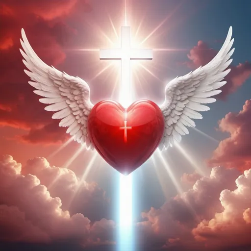 Prompt: Heart with a cross on its left side, and a pair of wings encloed upon it
