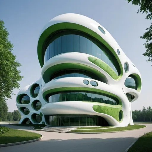 Prompt: futuristic headquarter, for Climax, which is eco friendly, pretty and several doors.