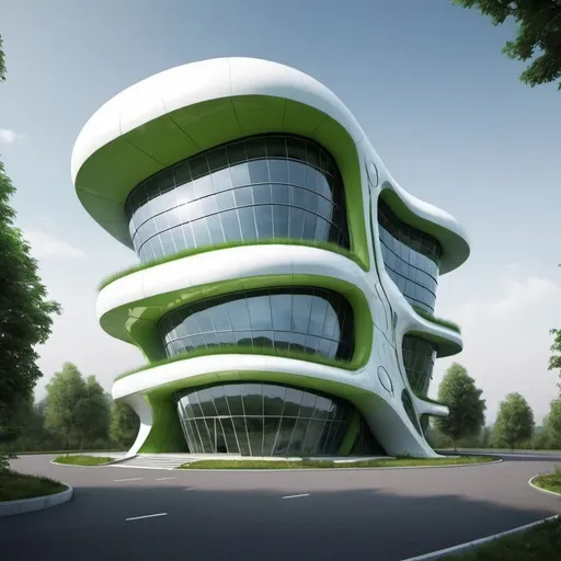 Prompt: futuristic headquarter, for Climax, which is eco friendly, pretty and several doors.