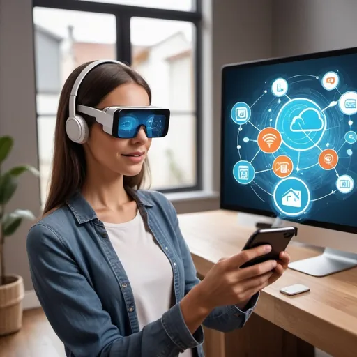Prompt: Imagine a person using a virtual ecommerce that is an augmented reality and purchasing telecommunications products, with cell phone plans, internet, smartphones and smarthome devices.