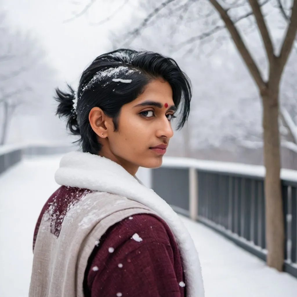 Prompt: androgynous south asian person looking back beautifully covered in snow