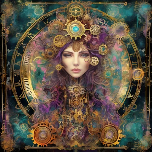 Prompt: (psychedelic art style), The Empress Tarot card, intricate steampunk elements, vibrant colors splashed with surreal patterns, ethereal atmosphere, whimsical gears and cogs, floral motifs intertwining with mechanical features, dreamlike and mystical ambiance, high detail, ultra-detailed, enchanting visuals, fantasy world blending the arcane and inventive.