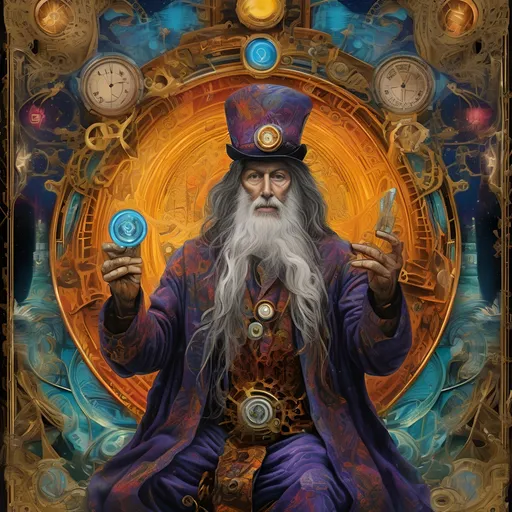 Prompt: (psychedelic steampunk art style), (The Hierophant Tarot card), highly intricate details, vibrant colors with swirling patterns, surreal and cosmic motifs, dramatic lighting enhancing the card's mystical elements, a blend of vintage machinery and mystical symbols, population symbolisms interwoven throughout, ultra-detailed, mesmerizing composition exploring themes of spirituality and knowledge, bold contrasts and luminous highlights enveloping the character.