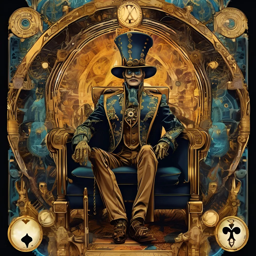 Prompt: (psychedelic steampunk art style), depiction of The Emperor Tarot card