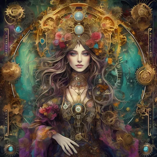 Prompt: (psychedelic art style), The Empress Tarot card, intricate steampunk elements, vibrant colors splashed with surreal patterns, ethereal atmosphere, whimsical gears and cogs, floral motifs intertwining with mechanical features, dreamlike and mystical ambiance, high detail, ultra-detailed, enchanting visuals, fantasy world blending the arcane and inventive.