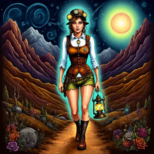 Prompt: (steampunk psychedelic artstyle), a hobo version of a woman walking with a compass and lantern and hourglass, surrounded by stars, surreal mountainous terrain, steampunk patterns, intricate bells, maps and clocks, gears and machinery, ambient glowing light, atmospheric depth, whimsical and mysterious vibe, rich earthy tones, vibrant contrasting colors, vintage textures, ultra-detailed, HD quality, capturing the essence of The Hermit.