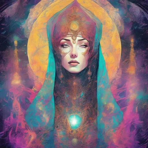 Prompt: (psychedelic art style), depiction of The High Priestess tarot card, mysterious figure shrouded in ethereal light, intricate patterns swirling around, rich and vibrant colors, soft and surreal ambiance, glowing veil creating depth, symbols of intuition and wisdom, high-quality, ultra-detailed composition with dreamlike visuals and mystical themes.