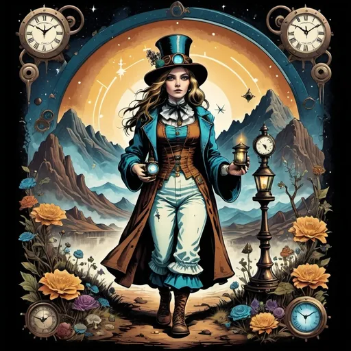 Prompt: (steampunk and psychedelic artstyle), a hobo version of Alice walking with a compass, lantern and hourglass, surrounded by stars, surreal mountainous terrain, intricate clocks, gears and machinery, ambient glowing light, atmospheric depth, whimsical and mysterious vibe, rich earthy tones, vibrant contrasting colors, vintage textures, ultra-detailed, HD quality, capturing the essence of The Hermit tarot card in a fantastical interpretation.