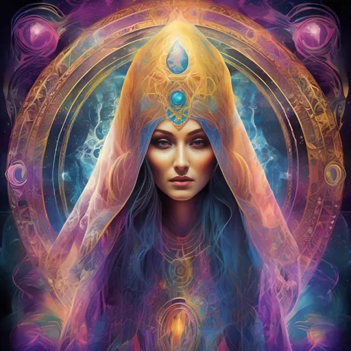 Prompt: (psychedelic art style), depiction of The High Priestess tarot card, mysterious figure shrouded in ethereal light, intricate patterns swirling around, rich and vibrant colors, soft and surreal ambiance, glowing veil creating depth, symbols of intuition and wisdom, high-quality, ultra-detailed composition with dreamlike visuals and mystical themes.