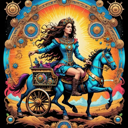 Prompt: (psychedelic and steampunk art style), The Chariot Tarot Card with a woman and wagon, horses, vibrant kaleidoscopic colors, intricate patterns, surreal elements merging clockwork gears and vibrant cosmic motifs, detailed symbolism, dynamic energy, alluring and whimsical atmosphere, enriched textures, ultra-detailed design, mesmerizing background full of swirling colors, evoking feelings of movement and empowerment, captivating composition that combines tradition with imagination.