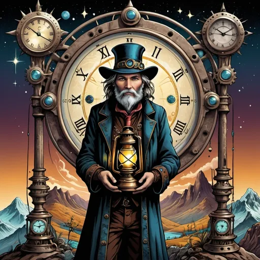 Prompt: (steampunk psychedelic artstyle), a hobo version of Elsa walking with a compass and lantern and hourglass, surrounded by stars, surreal mountainous terrain, steampunk patterns, intricate bells, maps and clocks, gears and machinery, ambient glowing light, atmospheric depth, whimsical and mysterious vibe, rich earthy tones, vibrant contrasting colors, vintage textures, ultra-detailed, HD quality, capturing the essence of The Hermit tarot card in a fantastical interpretation.