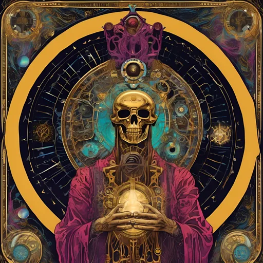 Prompt: (psychedelic steampunk art style), (The Hierophant Tarot card), highly intricate details, vibrant colors with swirling patterns, surreal and cosmic motifs, dramatic lighting enhancing the card's mystical elements, a blend of vintage machinery and mystical symbols, population symbolisms interwoven throughout, ultra-detailed, mesmerizing composition exploring themes of spirituality and knowledge, bold contrasts and luminous highlights enveloping the character.