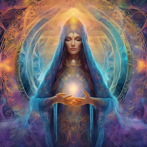 Prompt: (psychedelic art style), depiction of The High Priestess tarot card, mysterious figure shrouded in ethereal light, intricate patterns swirling around, rich and vibrant colors, soft and surreal ambiance, glowing veil creating depth, symbols of intuition and wisdom, high-quality, ultra-detailed composition with dreamlike visuals and mystical themes.