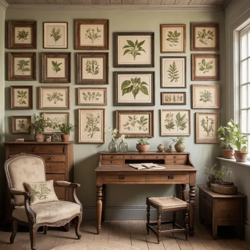 Prompt: a collection of antique botanical prints on a wall, in a variety of rustic and elaborate frames, situated in a quaint cottage-style study room, soft daylight enhancing the textures and serene vibe