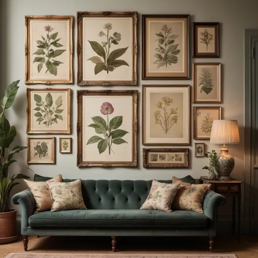 Prompt: An aesthetic close-up view of a wall featuring a collection of different colours of antique botanical prints, each in unique vintage frames, under soft ambient lighting, in a sophisticated and contemporary living room setting, emphasizing rich textures and color