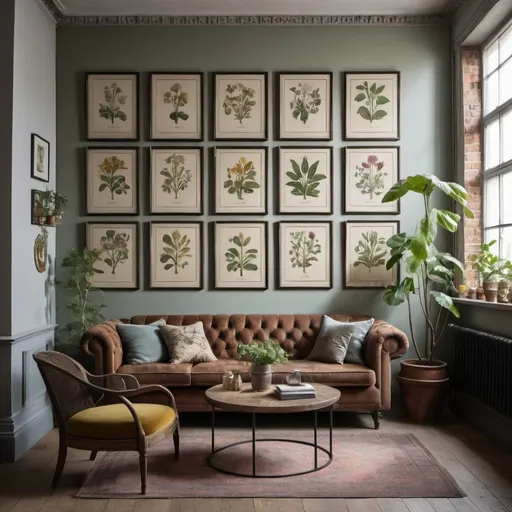 Prompt: A wall displaying an eclectic mix of different coloured antique botanical prints within ornate and minimalist frames, set in a chic urban apartment with industrial elements like exposed brick and modern furniture, morning light casting gentle shadows