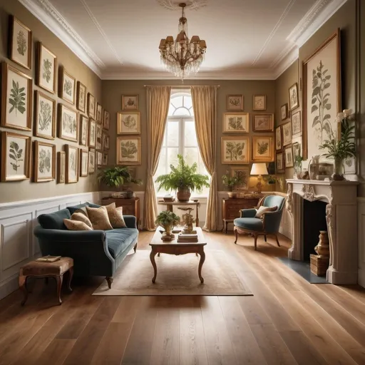 Prompt: A wall in a high-end interior designed house, covered with different antique botanical prints in various frames, golden light flooding in from a large window, showcasing rich, elegant wooden flooring and plush furnishings, in the style of a modern luxurious home."
