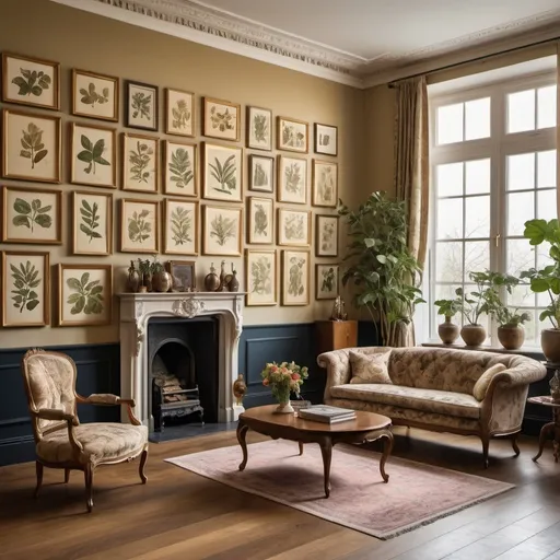 Prompt: A wall in a high-end interior designed house, covered with different coloured antique botanical prints in various frames and sizes, golden light flooding in from a large window, showcasing rich, elegant wooden flooring and plush furnishings, in the style of a modern luxurious home."
