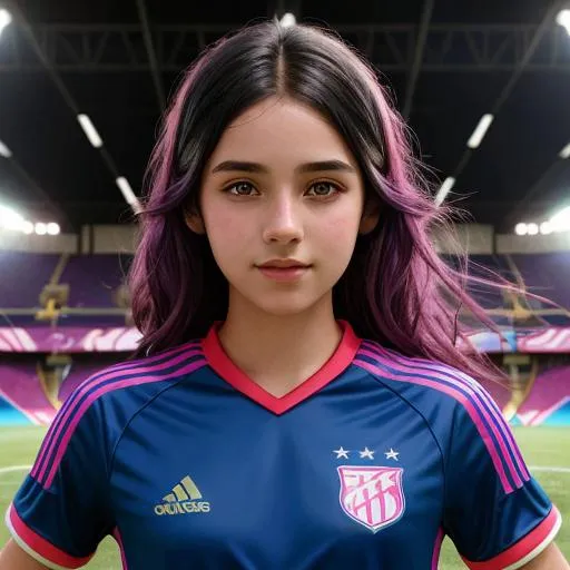 Prompt: Fantasy illustration of a young girl in a soccer jersey, black hair, vibrant colors, magical soccer court, ethereal atmosphere, detailed facial features, dark pink jersey, 3D rendering, fantasy, vibrant colors, magical, detailed hair, soccer court, ethereal, atmospheric lighting