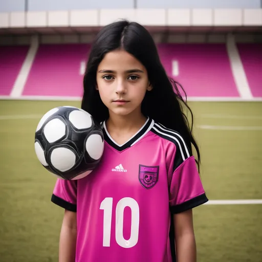 Prompt: a girl whit  black hair whit a soccer jersey(dark pink) in a soccer court over the age of 11 year's old

