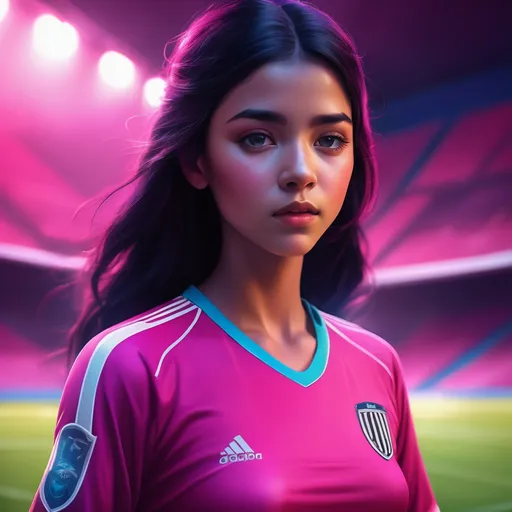 Prompt: Fantasy illustration of a young girl in a soccer jersey, black hair, vibrant colors, magical soccer court, ethereal atmosphere, detailed facial features, dark pink jersey, 3D rendering, fantasy, vibrant colors, magical, detailed hair, soccer court, ethereal, atmospheric lighting