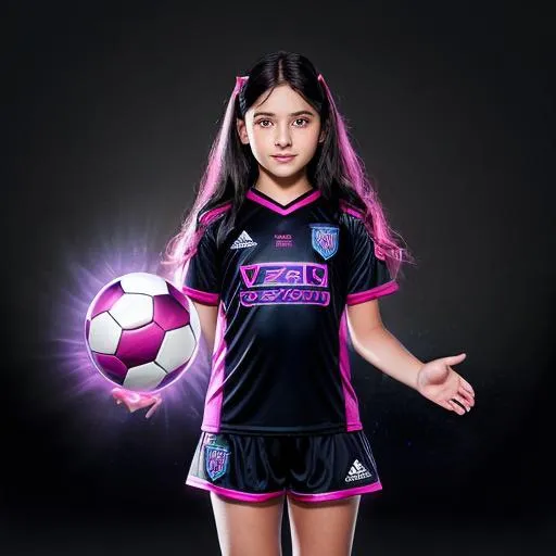 Prompt: Fantasy-style illustration of a young girl with black hair, wearing a dark pink soccer jersey, standing on a vibrant soccer court, mystical fantasy atmosphere, flowing black hair, glowing soccer ball, magical soccer field, detailed jersey design, enchanting lighting, highres, fantasy, mystical, dark pink jersey, soccer court, magical atmosphere, flowing hair, glowing ball, detailed design, enchanting lighting