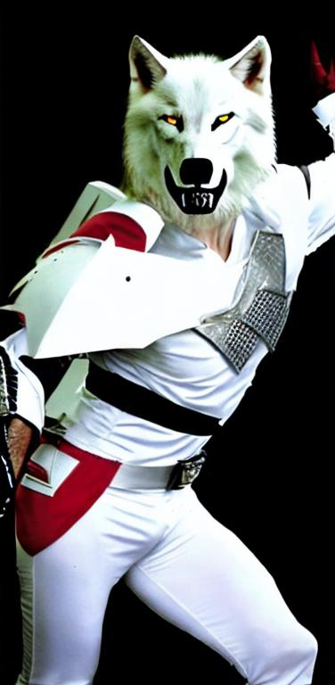 Prompt: A Photo of a white Wolf Power Ranger 