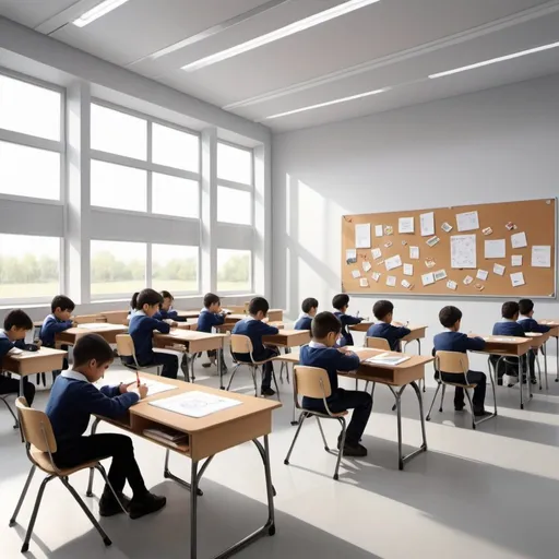 Prompt: The design shows a competition in a classroom and draws students as if they are competing for a prize

