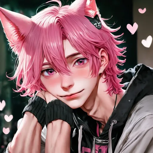 Prompt: anime, boys ,detailed, pink hair, shy, cat ears, very detailed