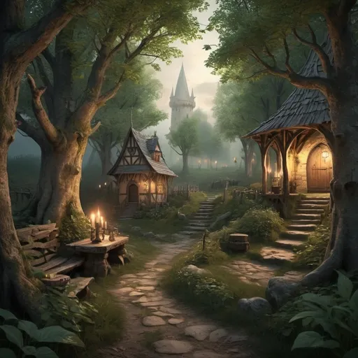 Prompt: a peaceful magical evening in a forest, medieval times, a bit of mystery. create such a scenery in carttonish sense.