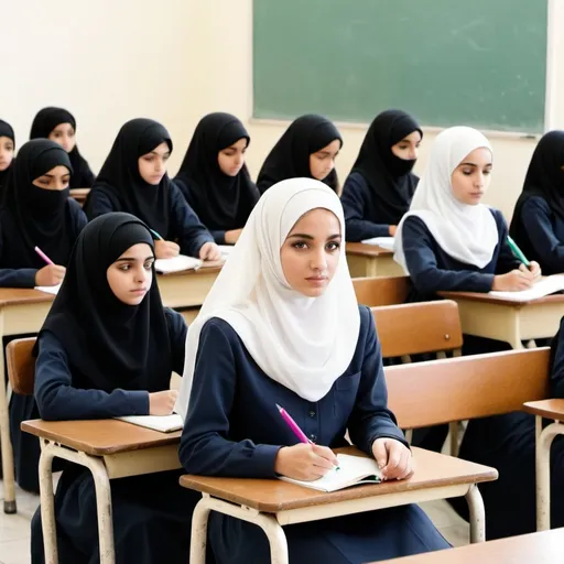 Prompt: School teacher with Islamic hijab walking and talking in girls' class + 25 female students with white veil sitting on desk and school bench in school uniform