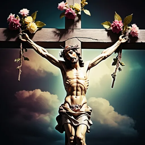 Prompt: Jesus Christ crucifixion on the cross , flowers with different colors, dramatic lighting, high contrast, detailed facial expression, vintage film texture, religious symbolism, atmospheric, emotional intensity, high quality, vivid colors