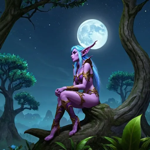 Prompt: night elf sitting in moonglade looking at the sky