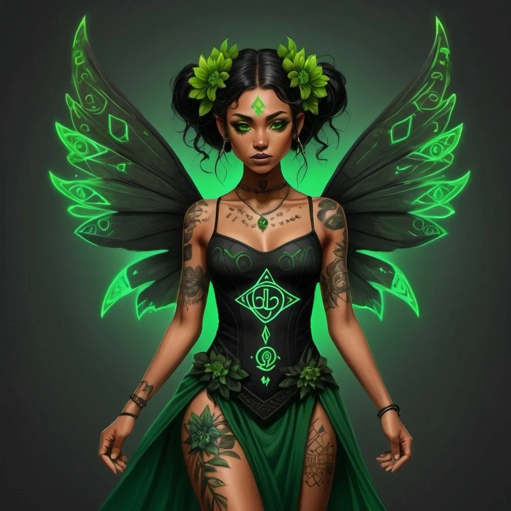 Prompt: black earthy fairy with green glowing fairy wings and a green dress with flowers and runic tattoos 